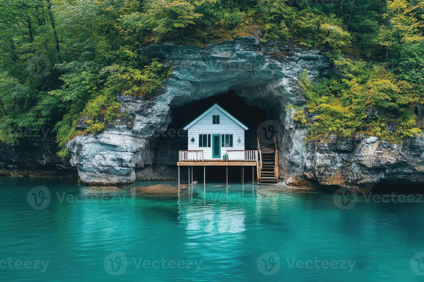 Turquoise water reflecting the beautiful nature surrounding a small white wooden house built under a cliff photo