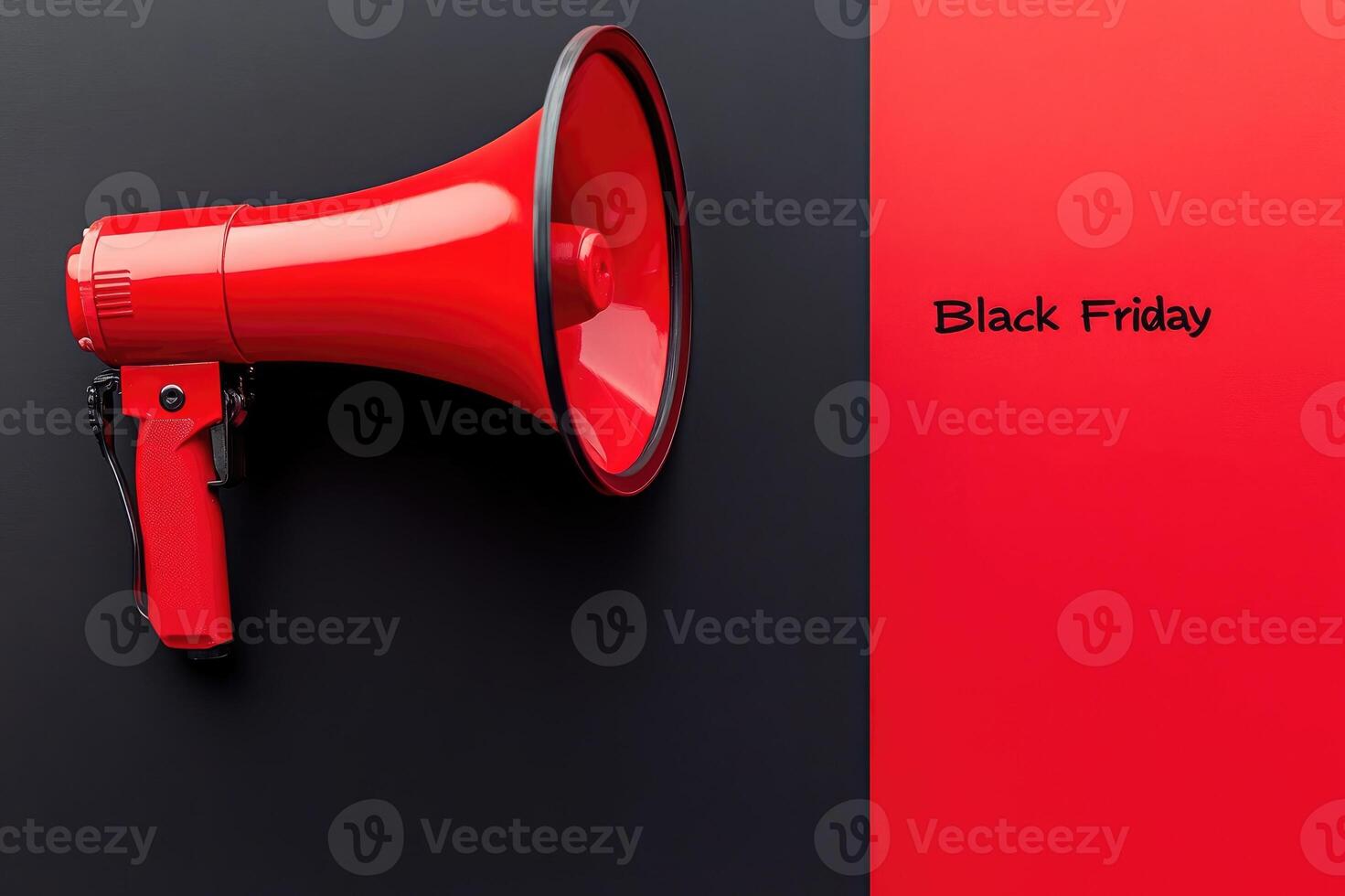 Red megaphone announcing black friday on red and black background photo