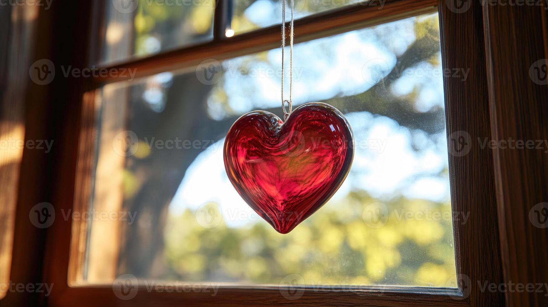 Red glass heart hanging in wooden window frame, symbolizing love and affection photo