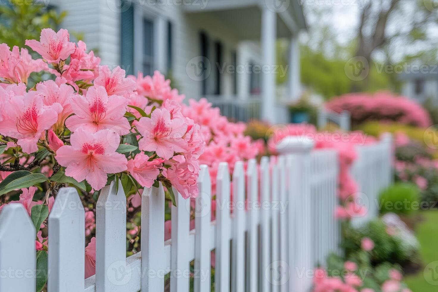 Pink azalea flowers blooming over white picket fence in spring garden photo