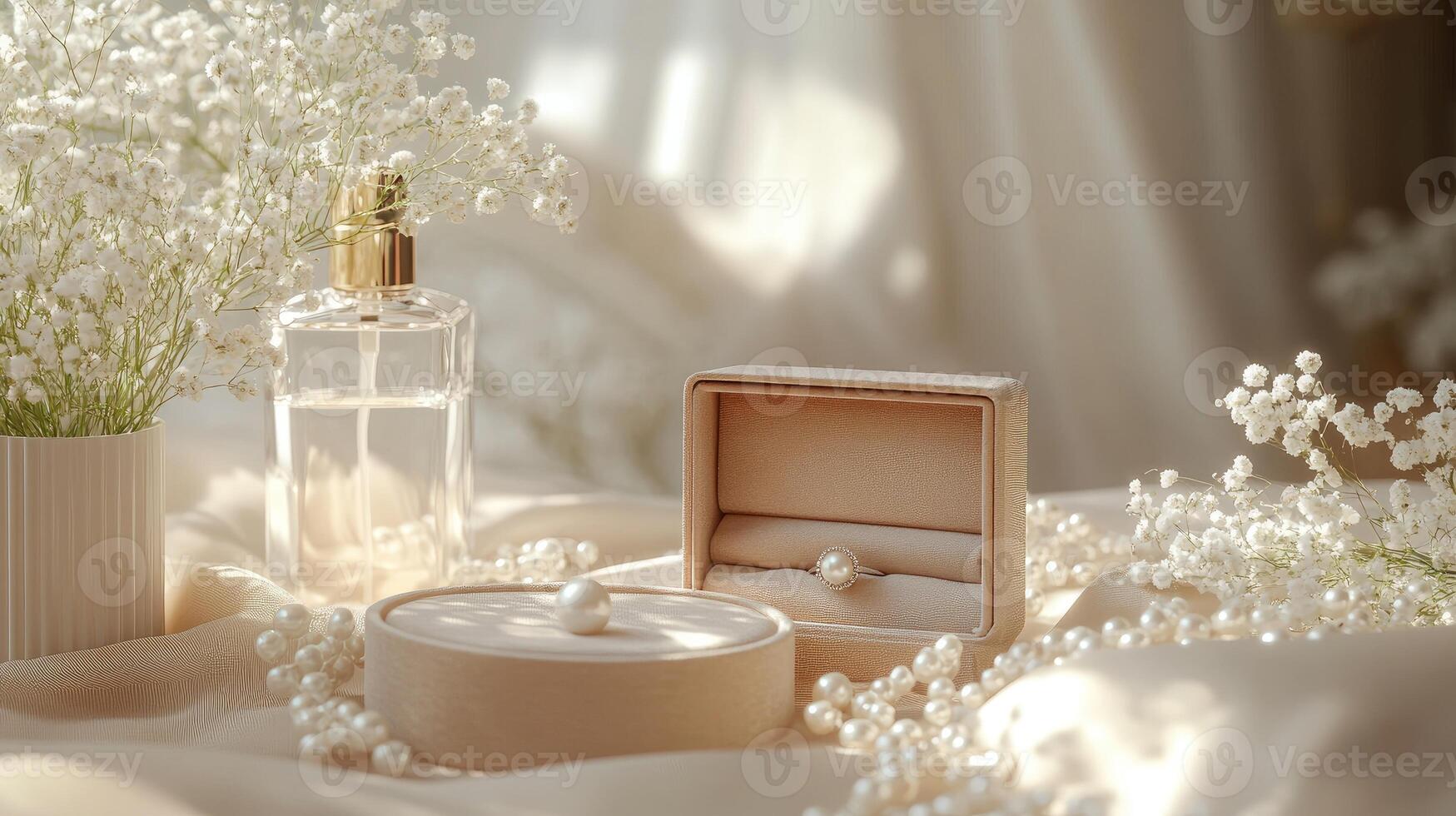 Elegant pearl ring in box with perfume, pearl necklace, and gypsophila flowers photo