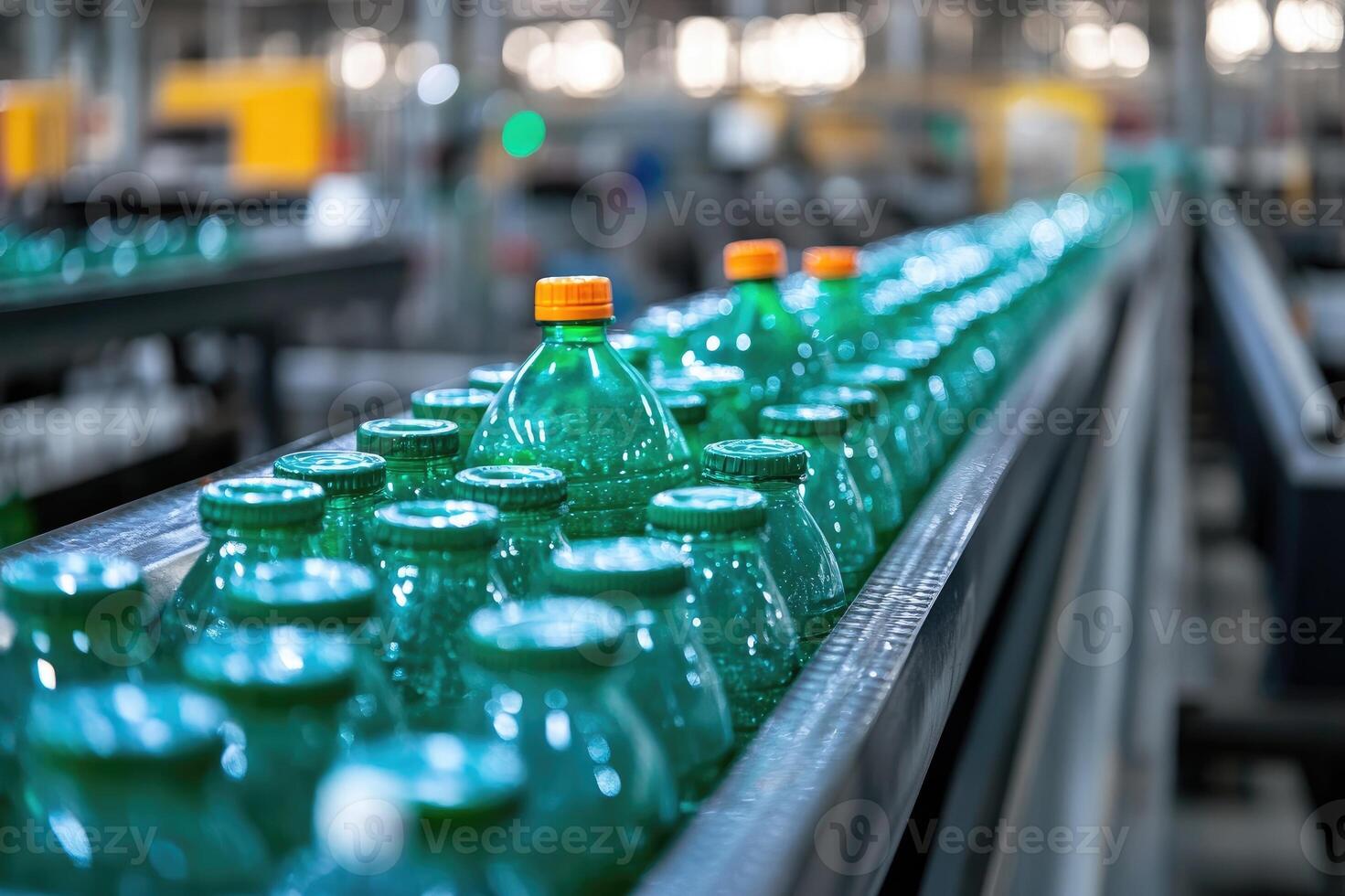 Conveyor belt carrying green plastic bottles in beverage factory photo
