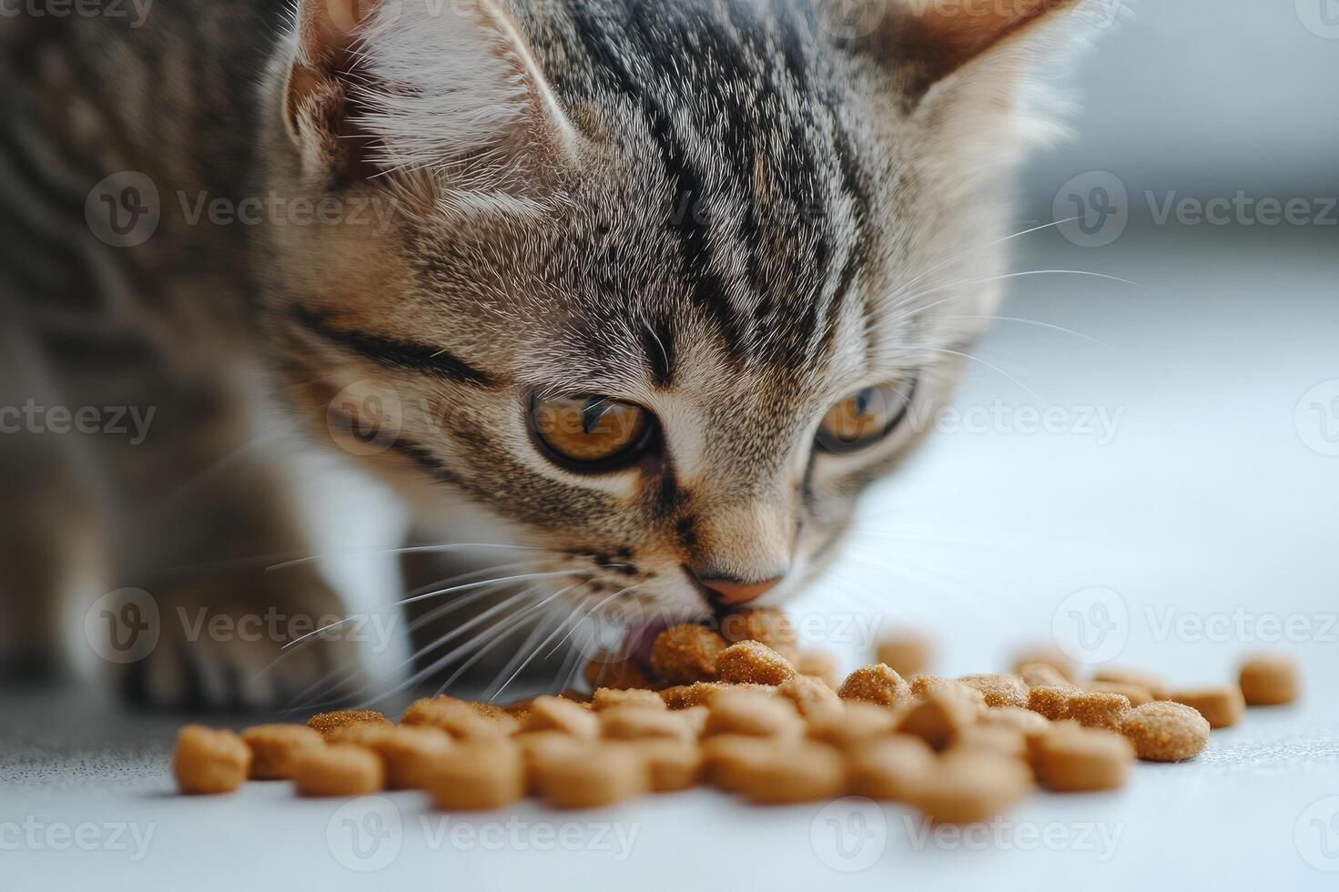 Tabby cat eating dry food on the floor photo