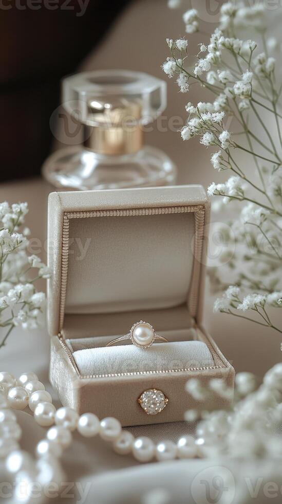 Elegant pearl ring resting in open jewelry box near perfume and gypsophila flowers photo