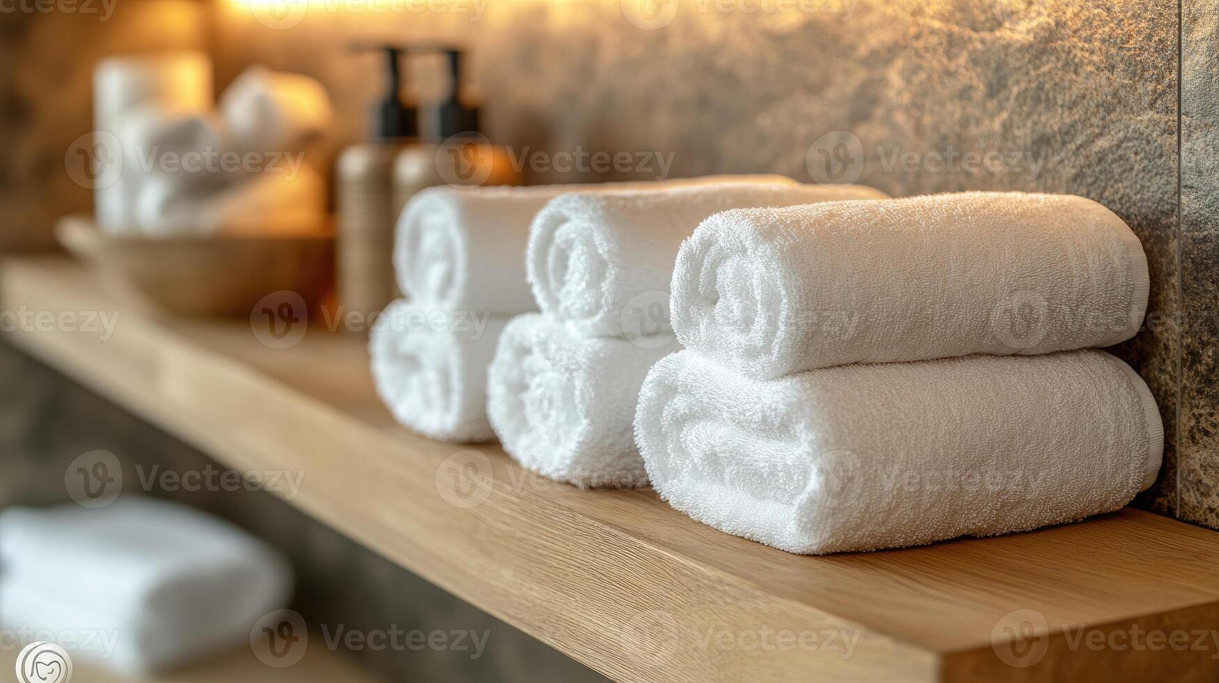 Stack of white rolled towels sitting on a wooden shelf photo