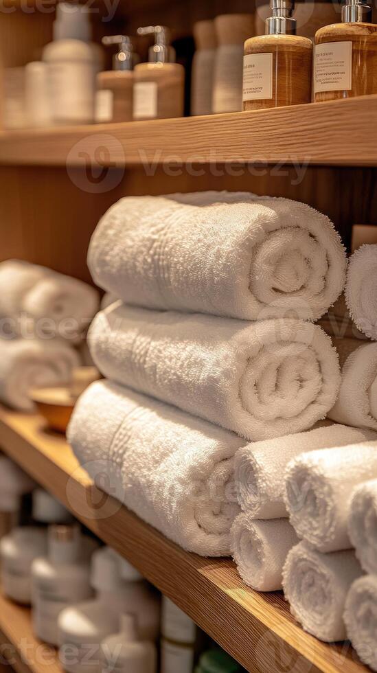 Stack of fresh white towels resting on wooden shelf in spa photo