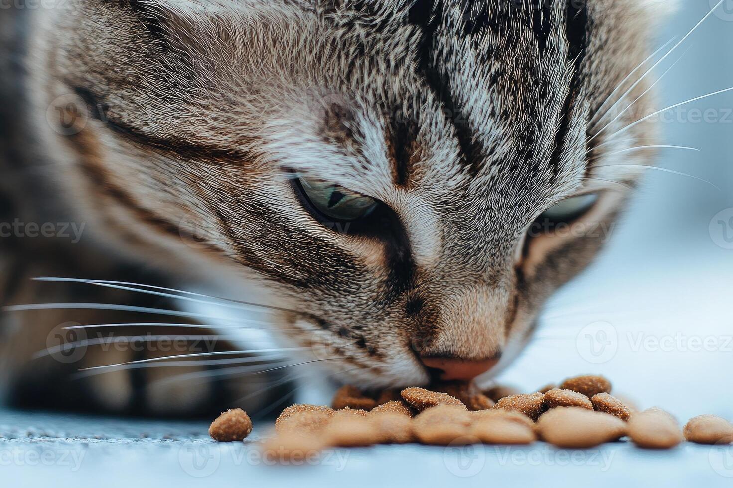 Tabby cat eating dry food on the floor photo
