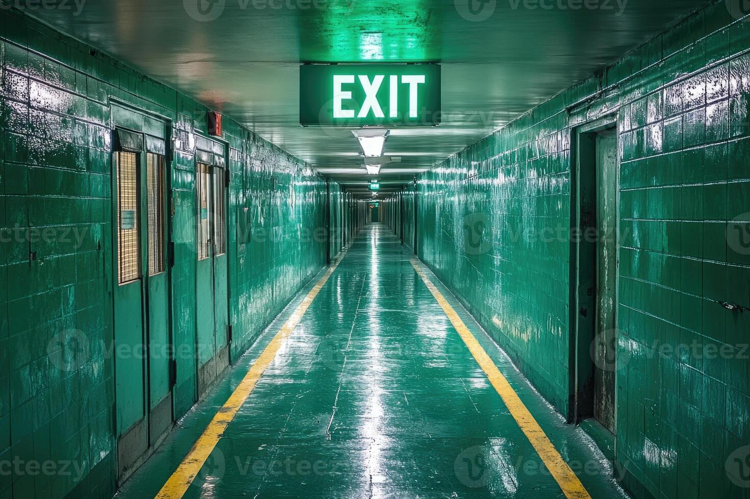 Illuminated red exit sign leading toward light in dark hallway photo