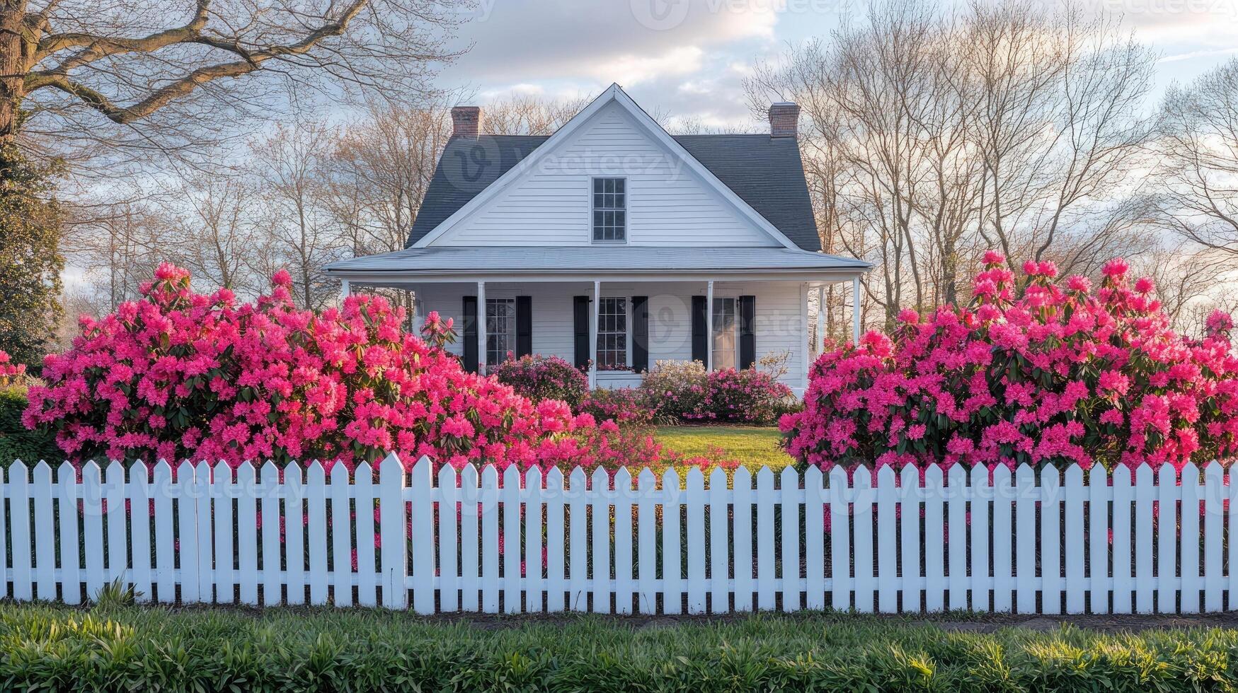 Blooming azaleas line a white picket fence in a suburban neighborhood photo