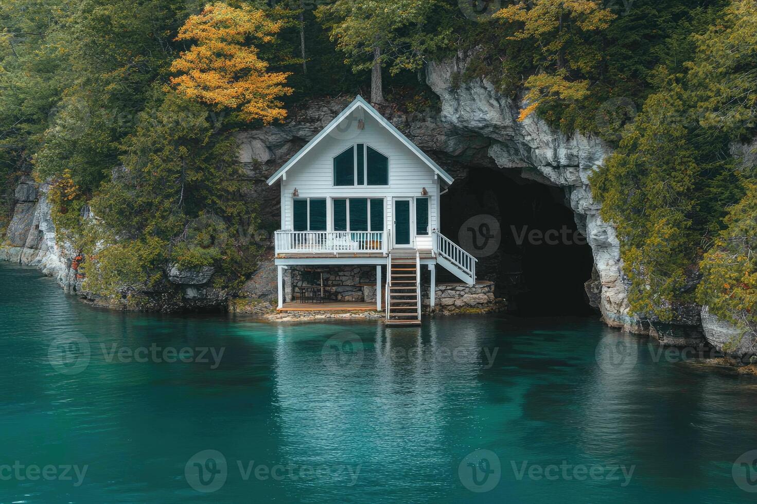 Turquoise water reflecting the beautiful nature surrounding a small white wooden house built under a cliff photo
