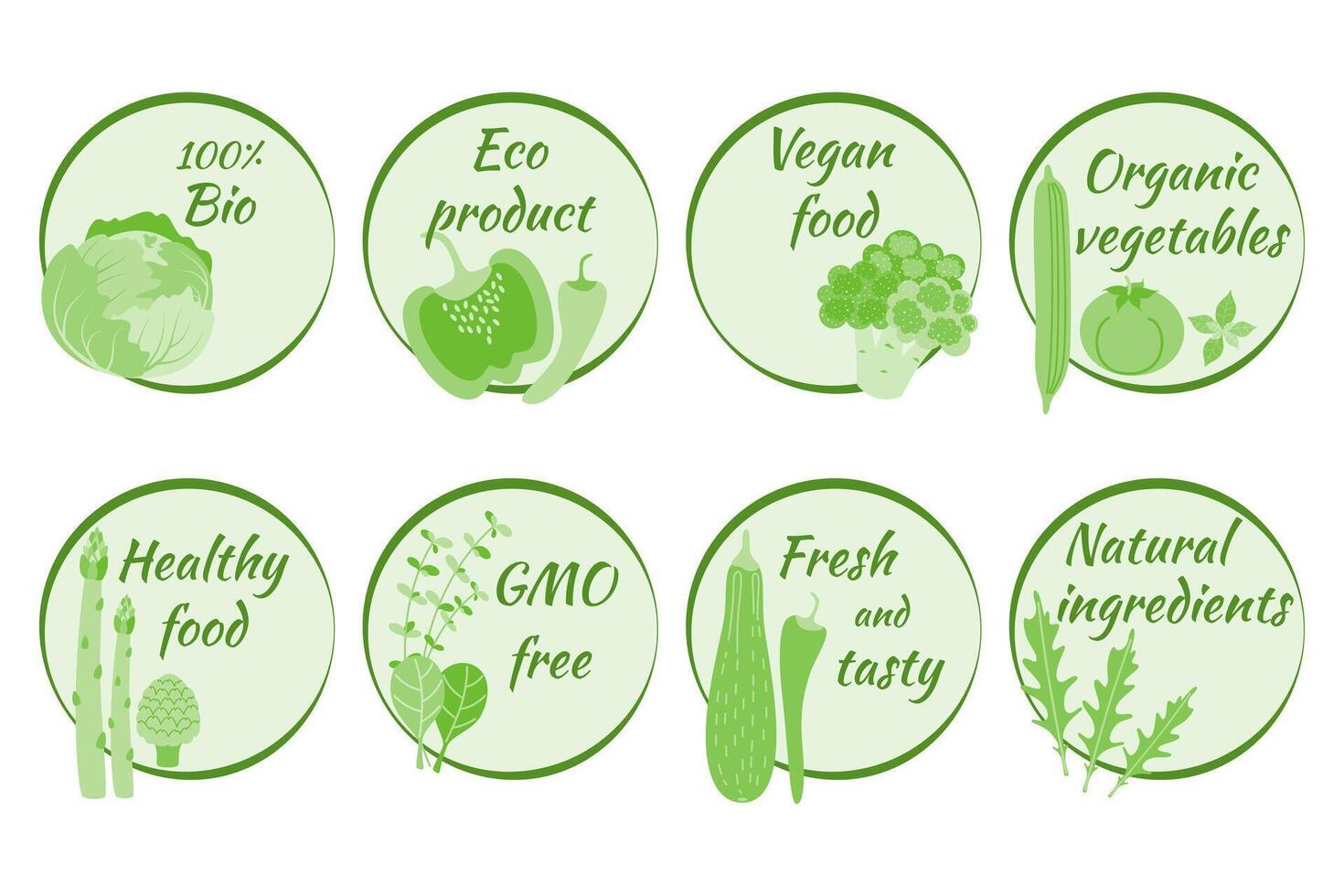 Set of labels in green palette. Eco product, organic, healthy and delicious food, veganb bio. Concept of proper nutrition and healthy lifestyle. vector