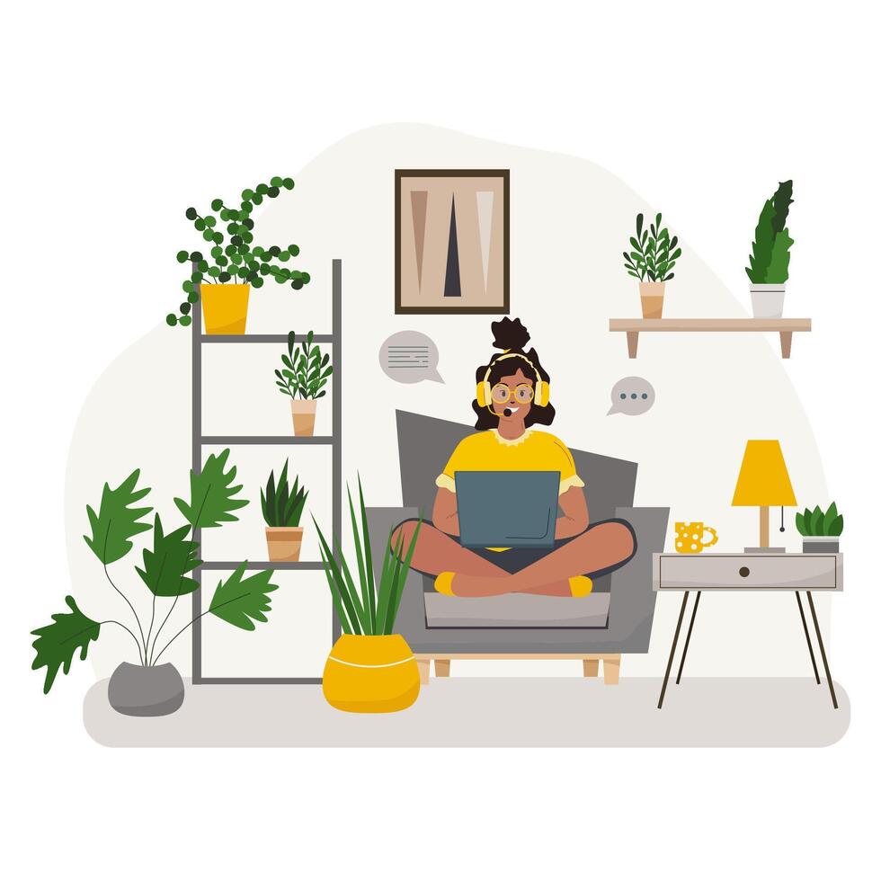 Home office concept, woman working from home sitting on a sofa vector