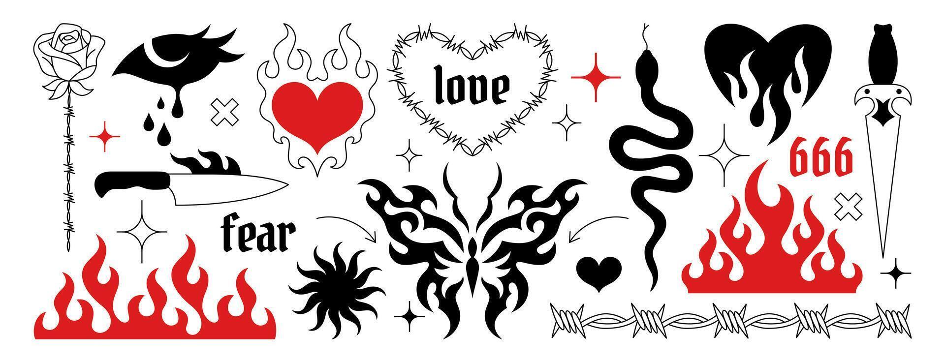 Y2k gothic tattoo sticker set. Neo tribal art elements, trendy goth emo butterfly, fire flame, burning heart, barbed wire, rose flower and tears. Hand drawn neotribal black and red cyber sigilism icon vector