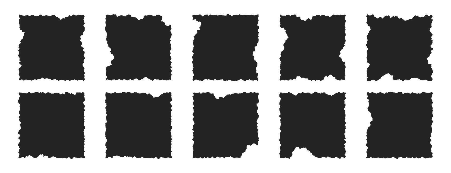 Set of black square paper frames with jagged edges. Ripped grunge sheets of geometric rectangular form isolated on white background. Simple tattered page pieces, rough old torn scraps with wavy edge vector