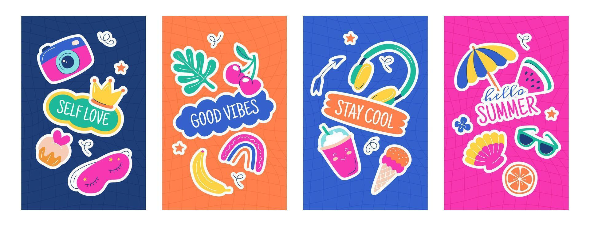 Vertical bright posters with cute diary journal stickers for scrapbook, personal daily planner, diaries or to do list. Trendy hand drawn labels, elements or inspirational quotes for social media posts vector