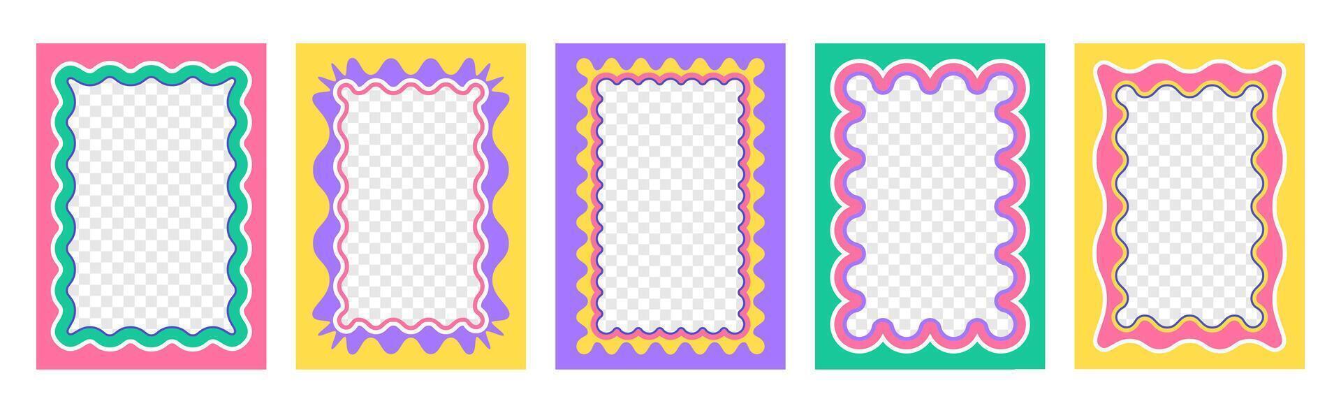 set of colorful rectangular frames with scallop edges. Squiggle photo borders with zig zag edge. Wiggly groovy shapes, funky geometric text box frameworks or curvy mirrors with jagged borders vector
