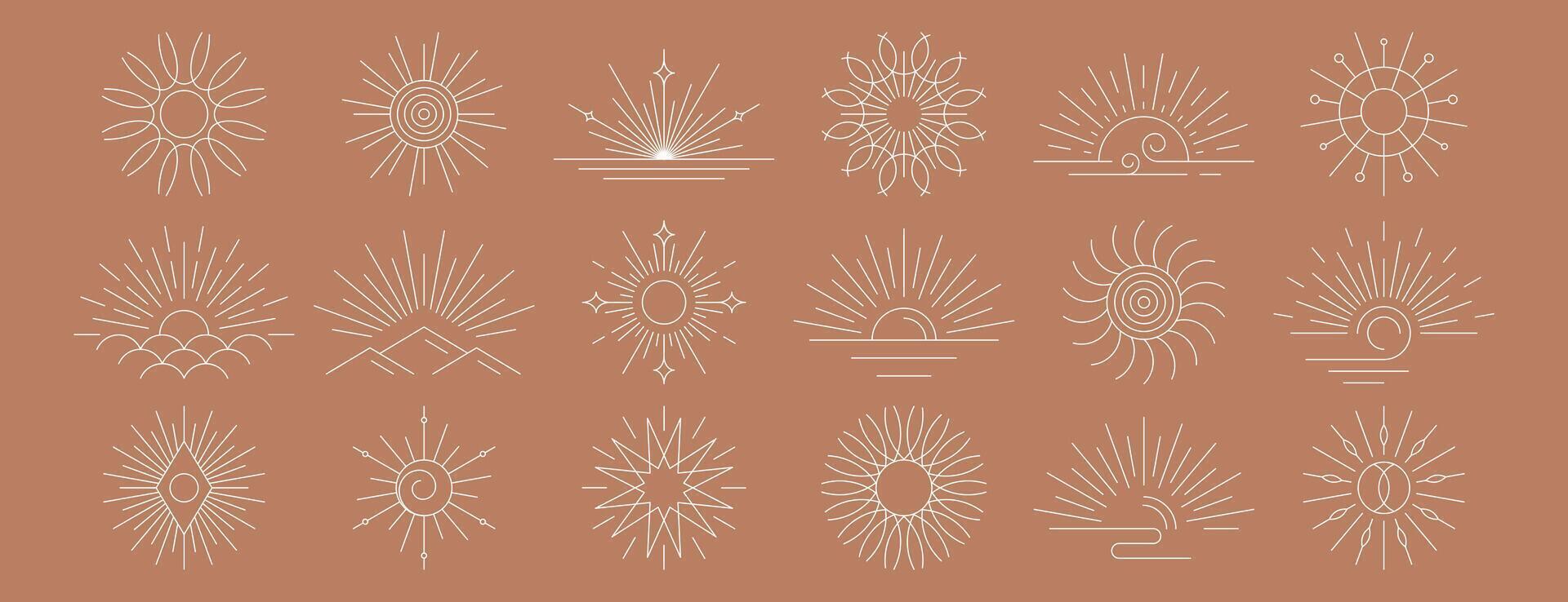 set of linear boho sunrise logo, sunset symbols or sun rays. Hand drawn sunburst, white outline sunbeam thin line design elements in minimal bohemian style. Mystic magic esoteric spiritual icon vector