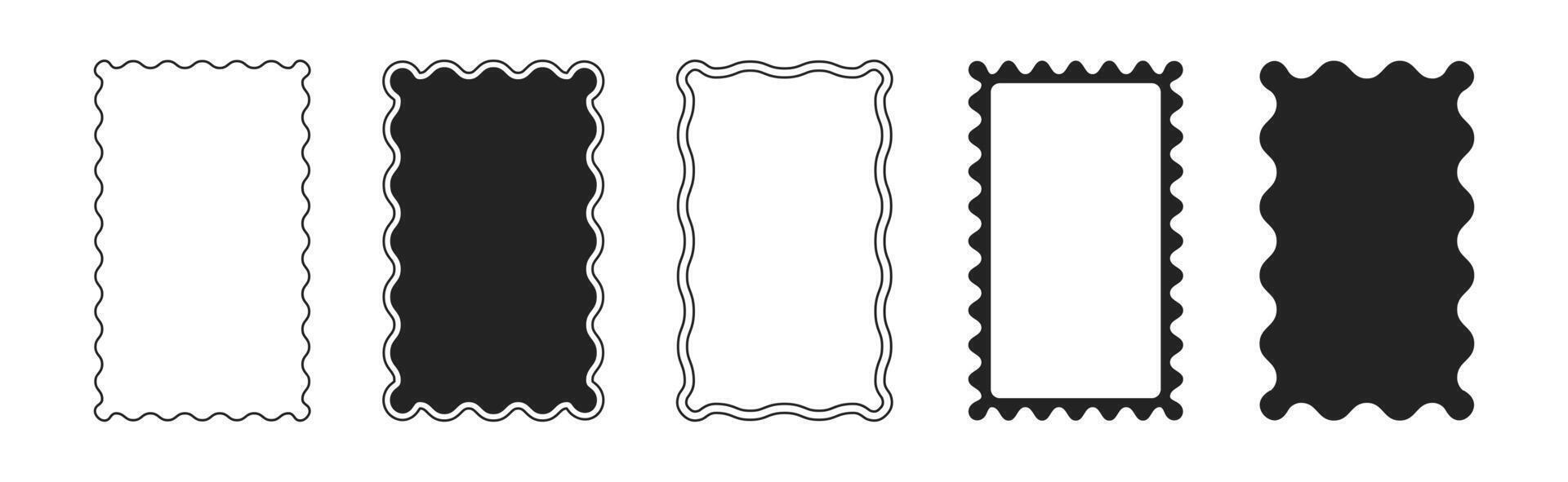 set of black rectangular undulate frames with scallop edges. Squiggle photo borders with jagged edge and blank space inside. Wiggly shapes template, funky geometric frameworks or curvy mirrors vector