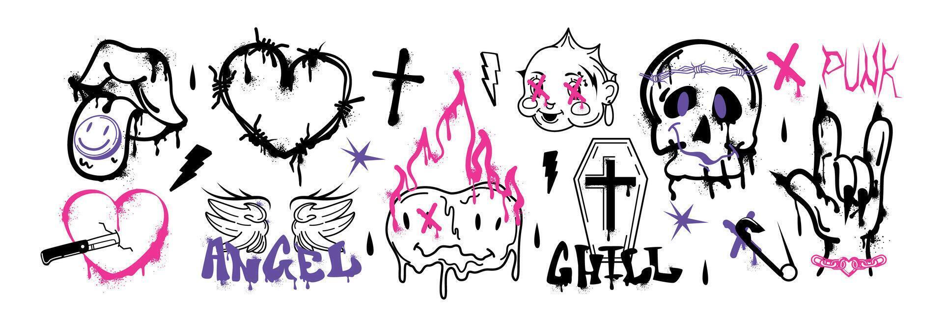 Spray paint graffiti element set. Street art gothic skull head, pierced heart, barbed wire, mouth with tongue, coffin with cross. Grunge ink stickers, hand gesture, trippy funny flaming melting smiles vector