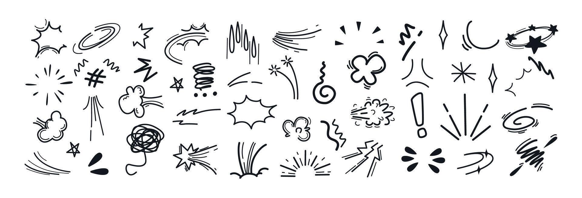 Line movement elements, japanese manga emotion effects doodle icons set. Hand drawn black anime comic expression symbols or scribbles. Action lines, explosions, swirls, emphasis and exclamation marks vector