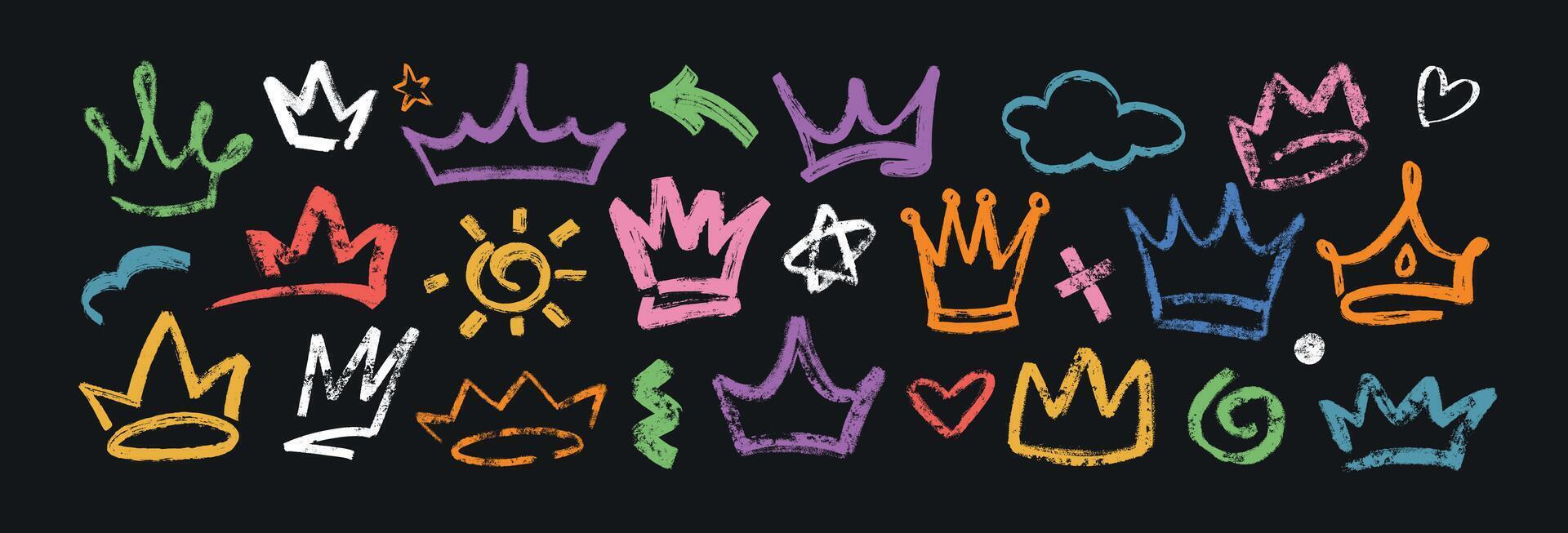 Hand drawn colorful king crowns isolated on black background. Set of brush stroke prince diadems. Grunge princess tiara, royal queen head accessories, stars, dots, sun and wavy lines in graffiti style vector