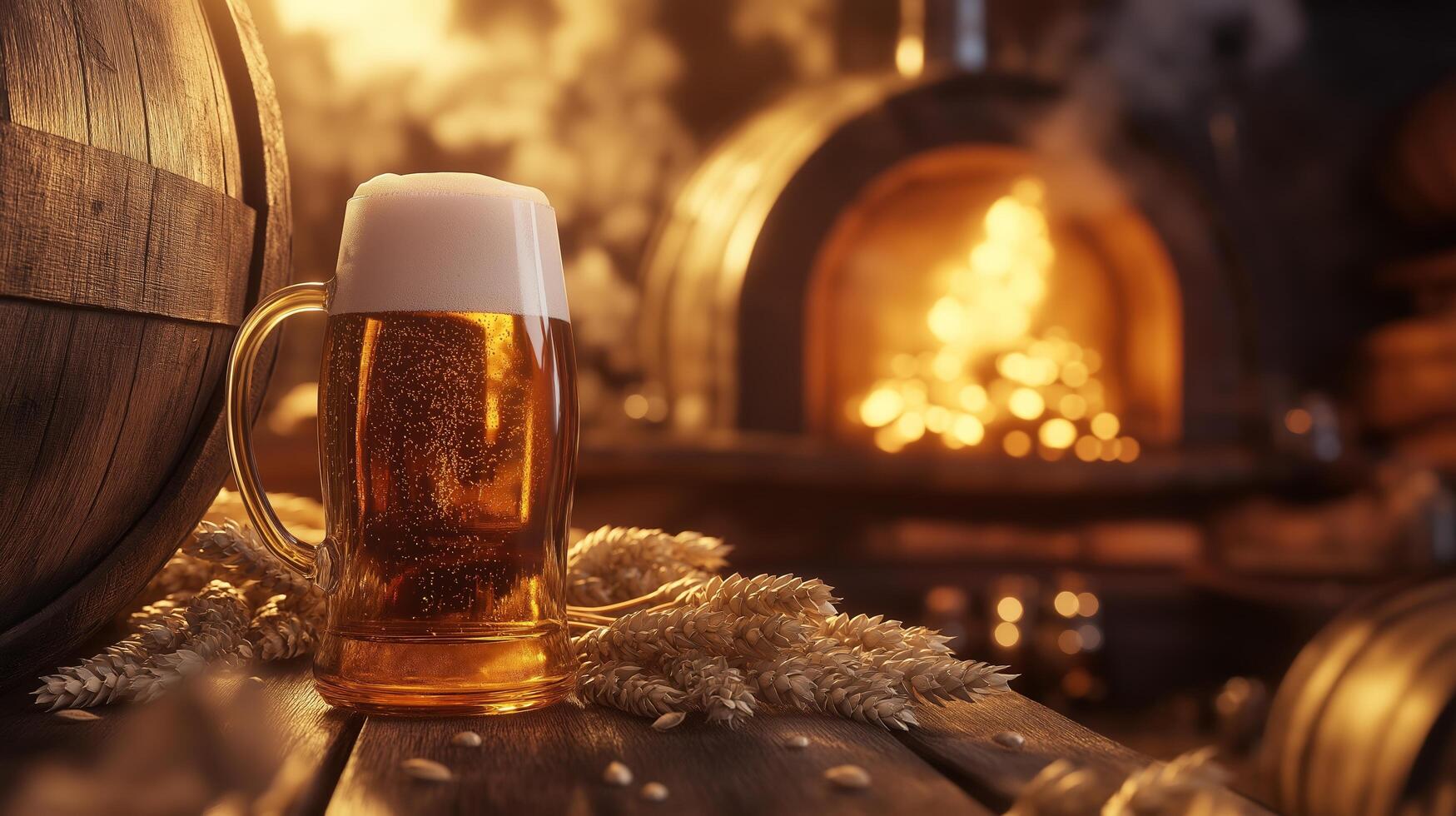 High-Resolution Beer Bottle with Rustic Barrel, Hops, and Wheat in Cozy Fireplace Setting photo