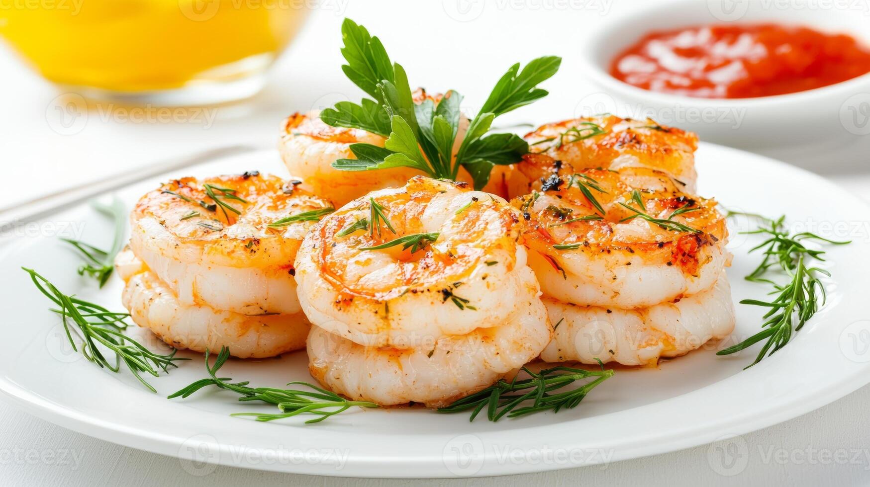 Elegant Dinner Concept with Grilled Shrimp Garnished with Fresh Herbs on a White Plate photo