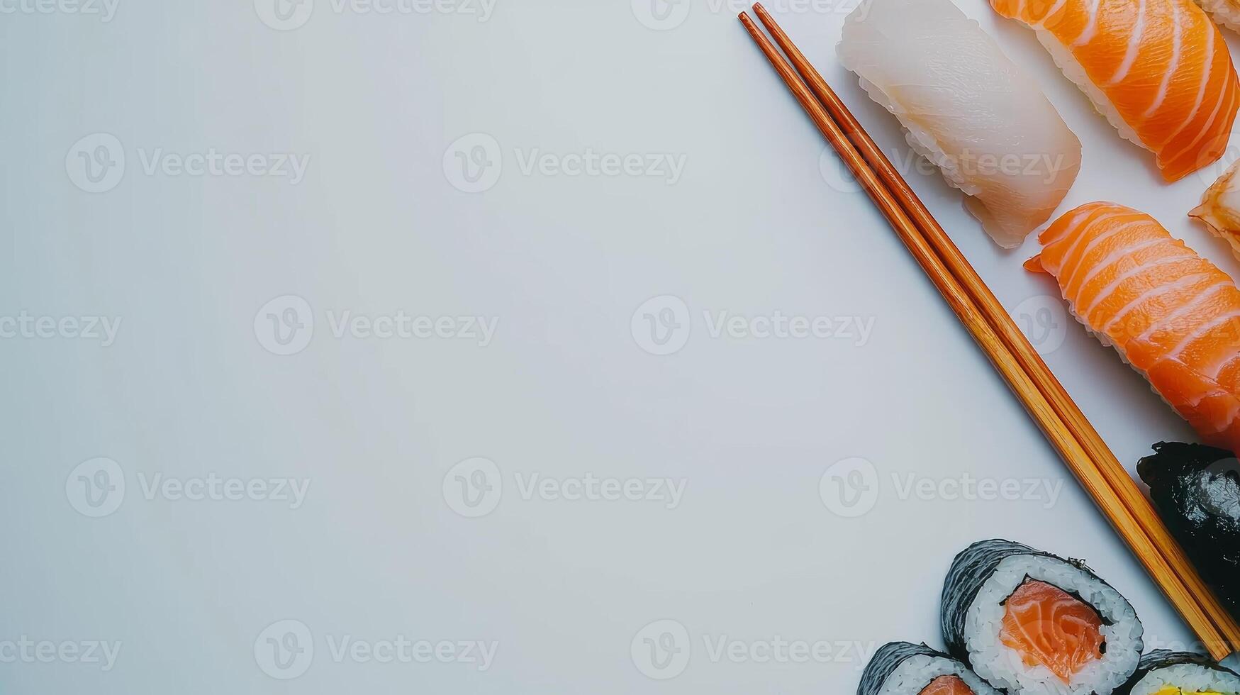 Delicious Sushi Lunch Break with Assorted Nigiri and Rolls on White Background with Chopsticks photo