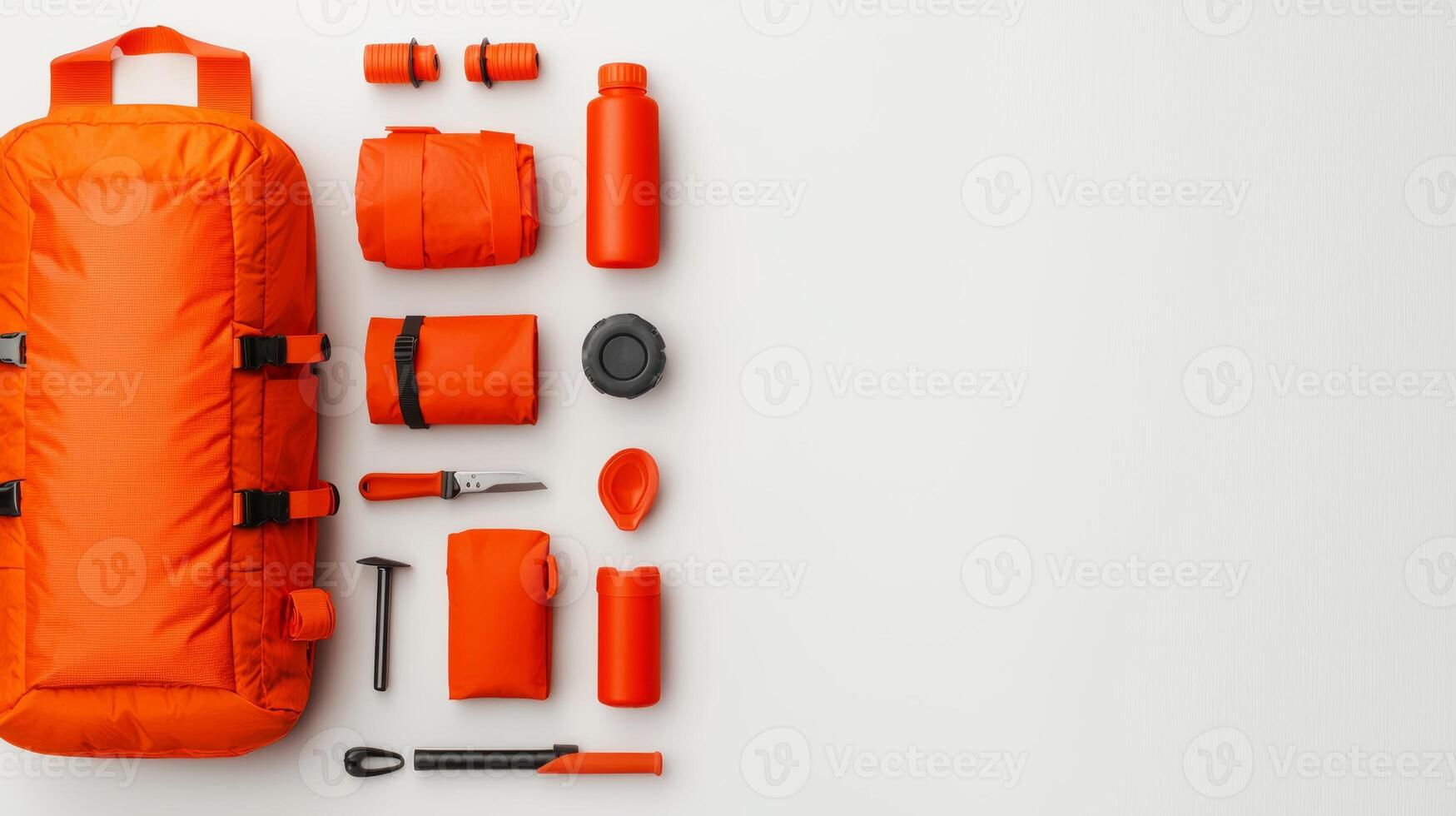 Essential Adventure Equipment for Camping and Climbing - Backpack, Water Bottle, Tools, and Accessories in Vibrant Orange photo