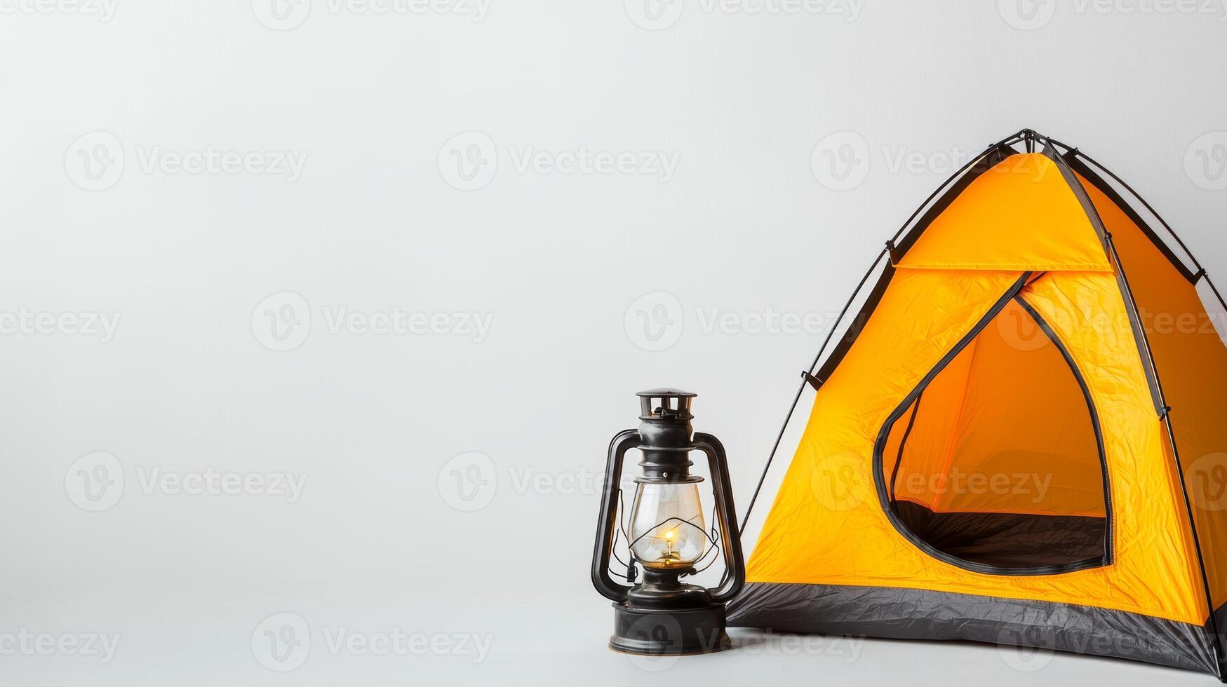Bright Yellow Camping Tent with Vintage Lantern - Perfect Adventure Equipment for Camping and Climbing Enthusiasts photo