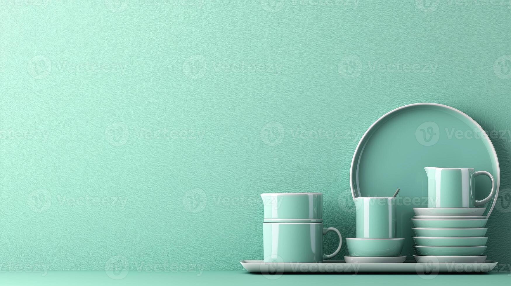 Elegant Dinnerware Set Against Minimalist Green Background for Modern Dining Concepts photo