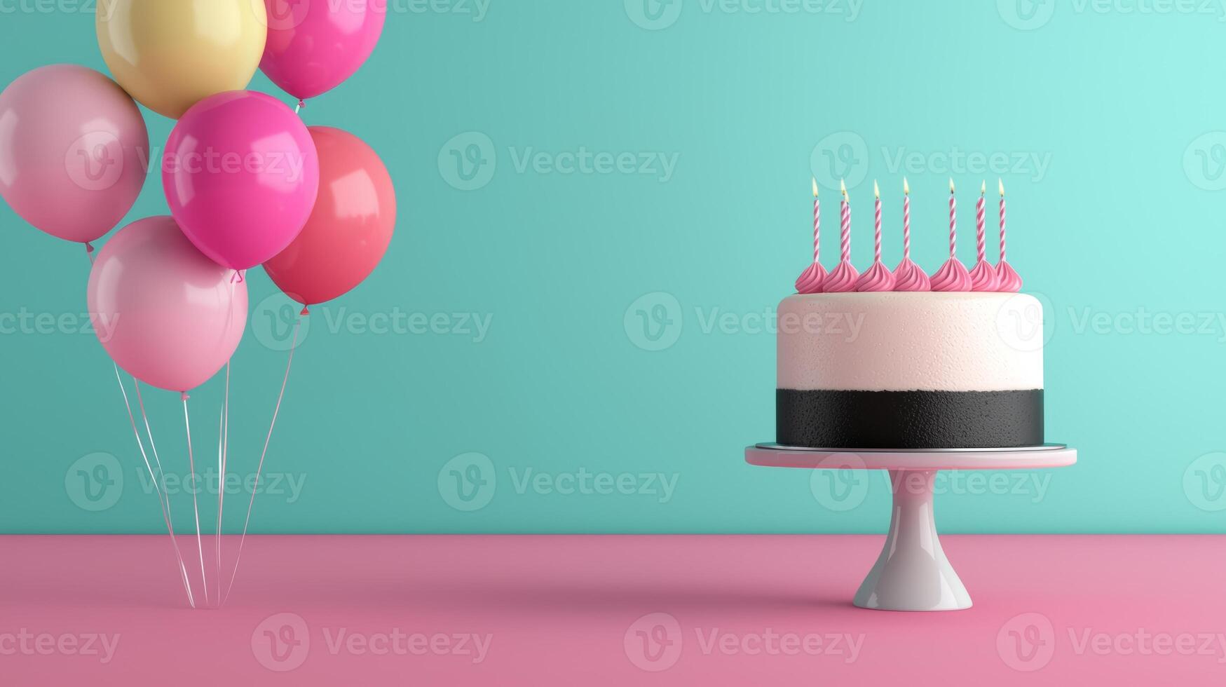 Colorful Party Scene with Balloons and Birthday Cake on a Pink and Blue Background photo