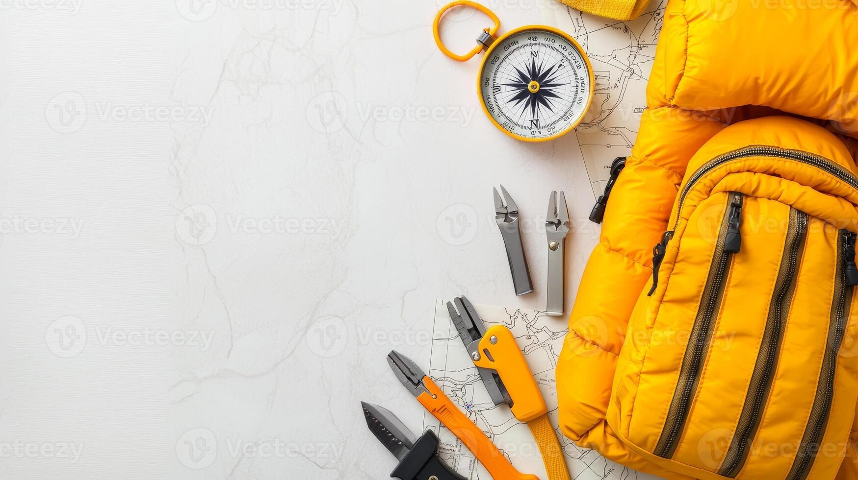 Yellow backpack, compass, and other tools on a white background photo