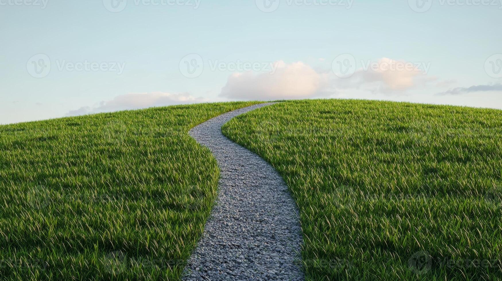 Serene Pathway Through Lush Green Hill Under a Clear Sky with Fluffy Clouds photo