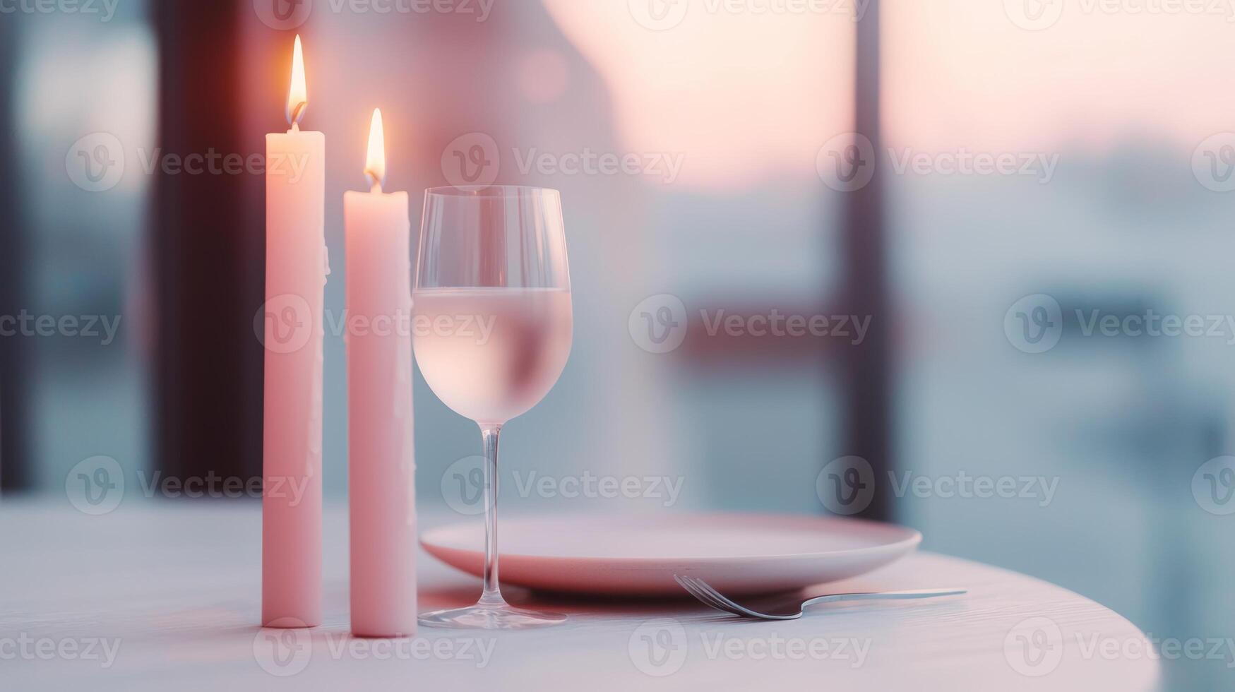 Elegant Dinner Setting with Candles and Wine Glass in Soft Evening Light photo