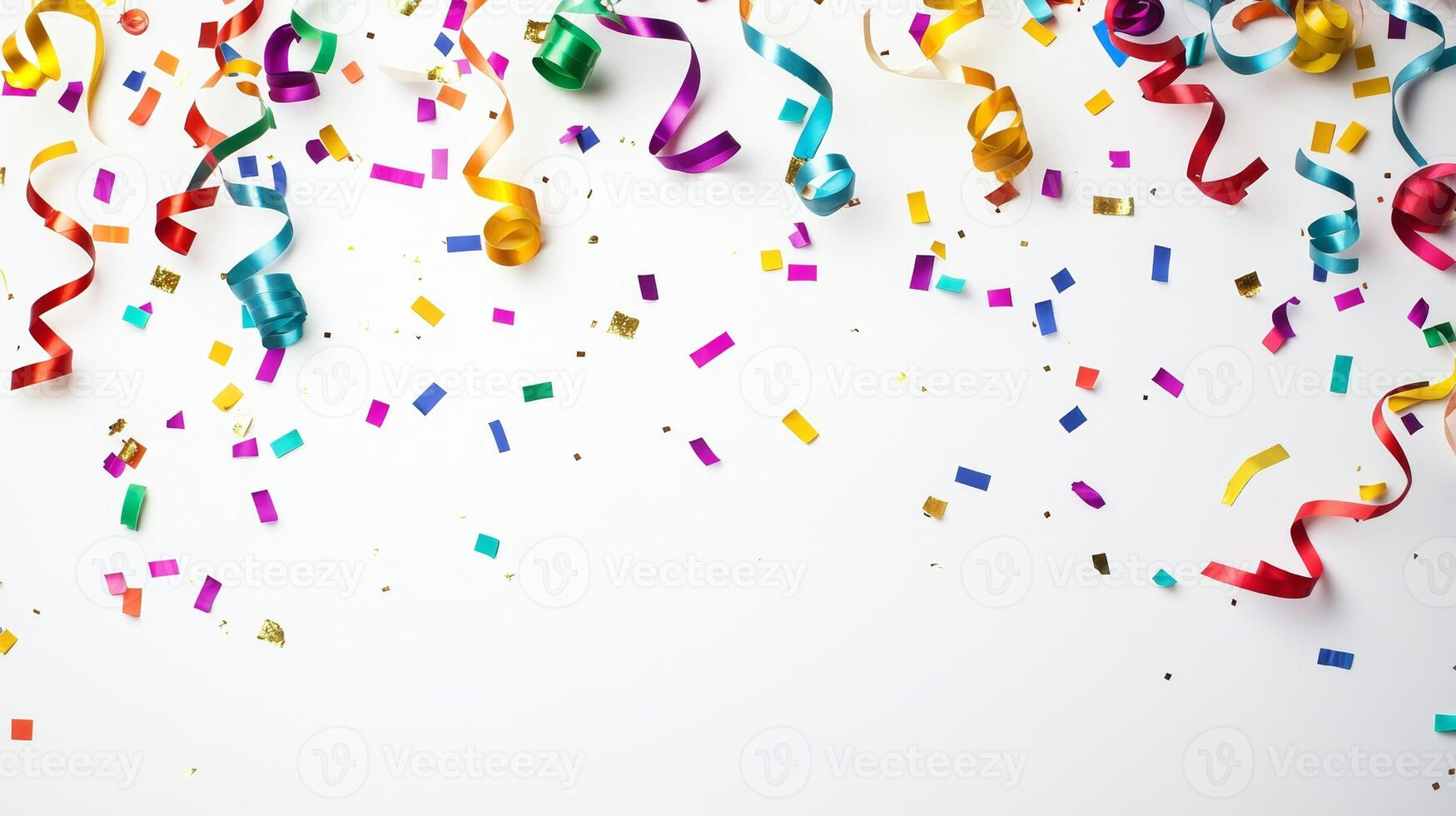 Colorful Party Streamers and Confetti on White Background Celebrating Festive Event or Special Occasion photo