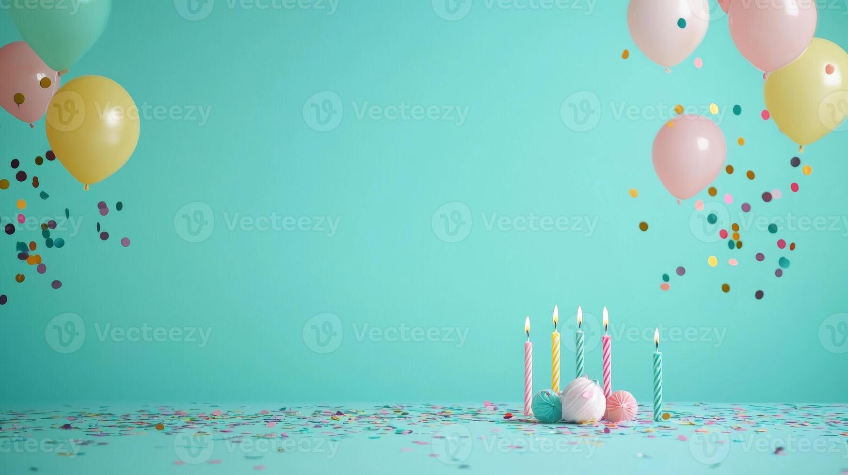 Colorful Party Celebration with Balloons, Confetti, and Birthday Candles on a Vibrant Teal Background photo