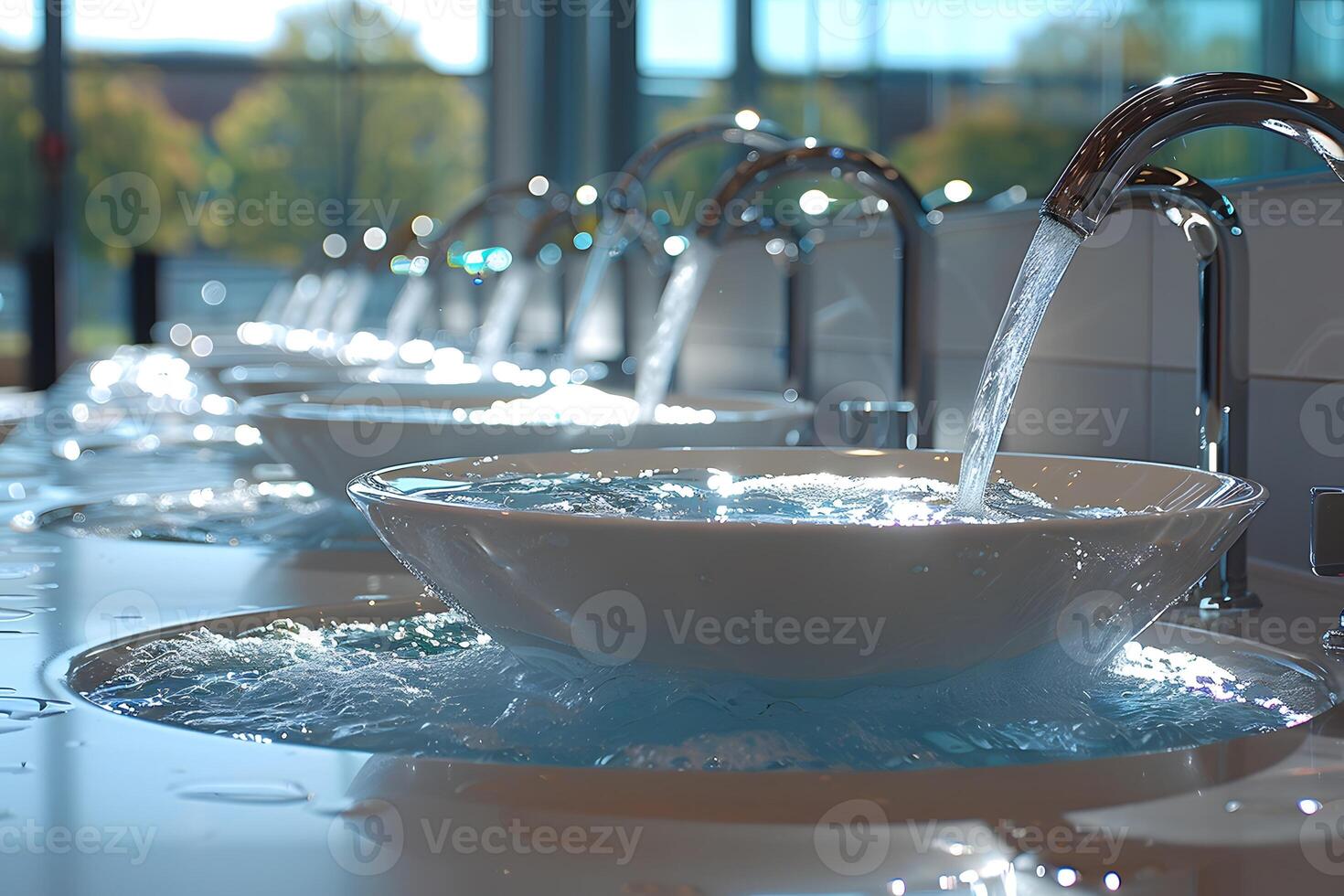 Contemporary Design of Modern Circular Sinks with Flowing Water in Sunlit Bathroom Setting photo
