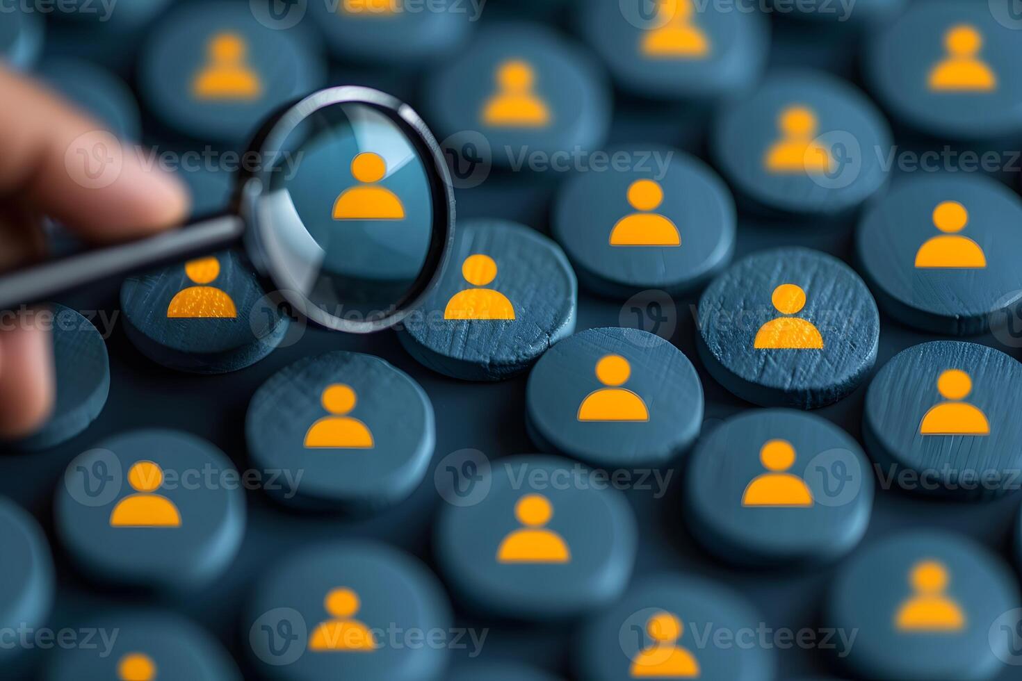Magnifying Glass Analyzing Yellow User Icons on Blue Wooden Buttons for Recruitment Concept photo