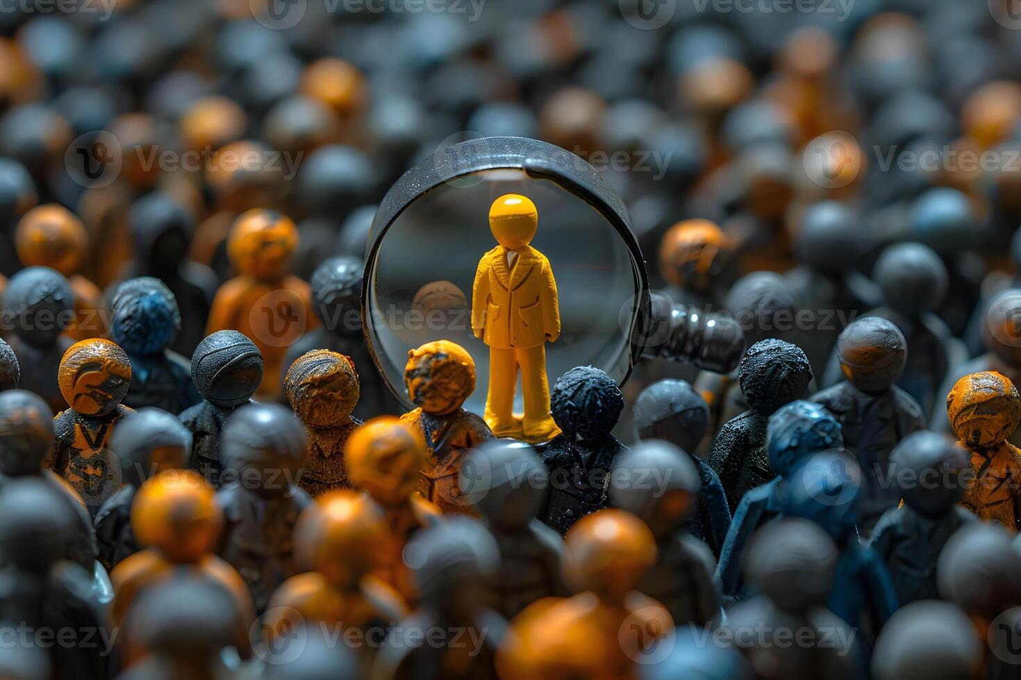 Leadership and Uniqueness Yellow Figure Standing Out in a Crowd of Blue Figures through Magnifying Glass photo