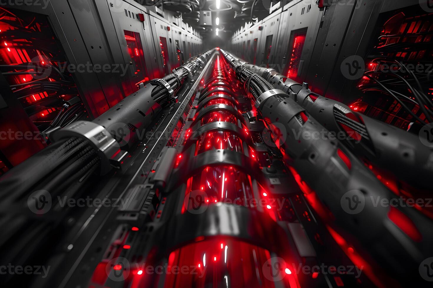 High-Tech Data Center Infrastructure with Futuristic Red LED Lights photo