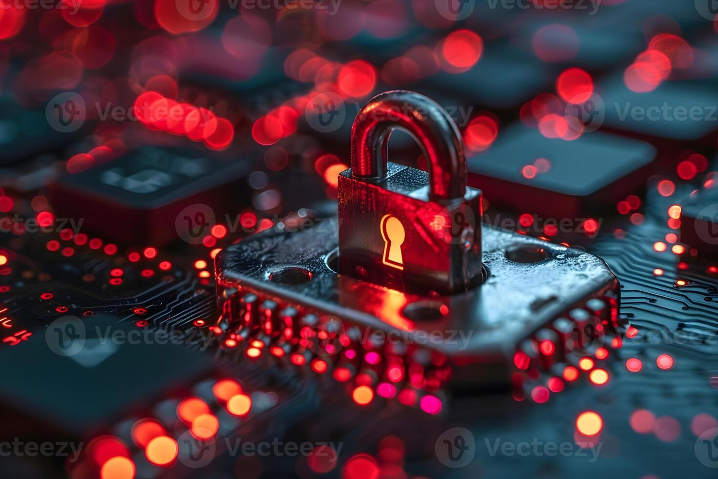 Cybersecurity Concept Lock Symbol on Electronic Circuit Board for Digital Protection photo