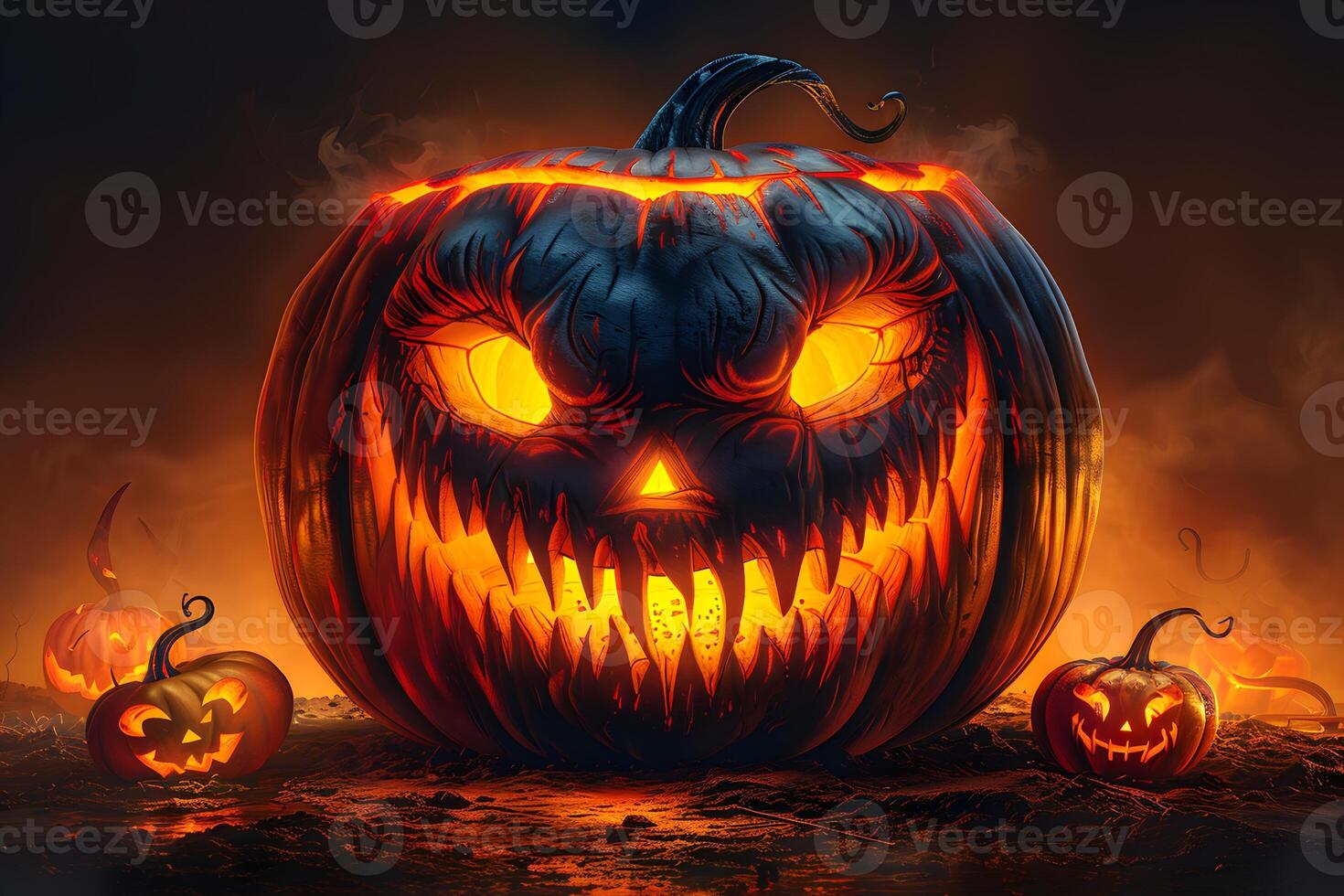 Sinister Halloween Jack-o'-Lantern Pumpkins for Spooky Seasonal Decorations and Horror Design photo