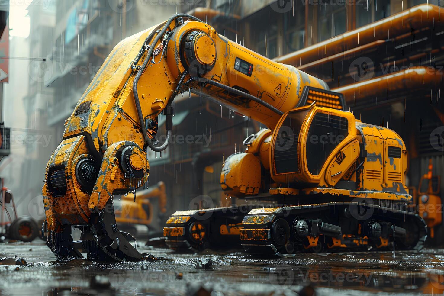 Futuristic Construction Robot in Rainy Urban Setting - Industrial Innovation Concept photo