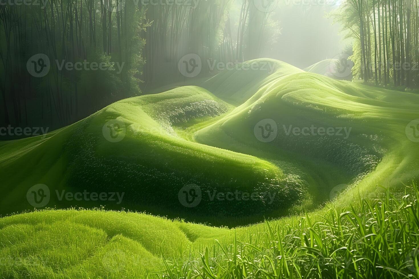 Tranquil Sunlit Green Hills in a Misty Forest Landscape photo