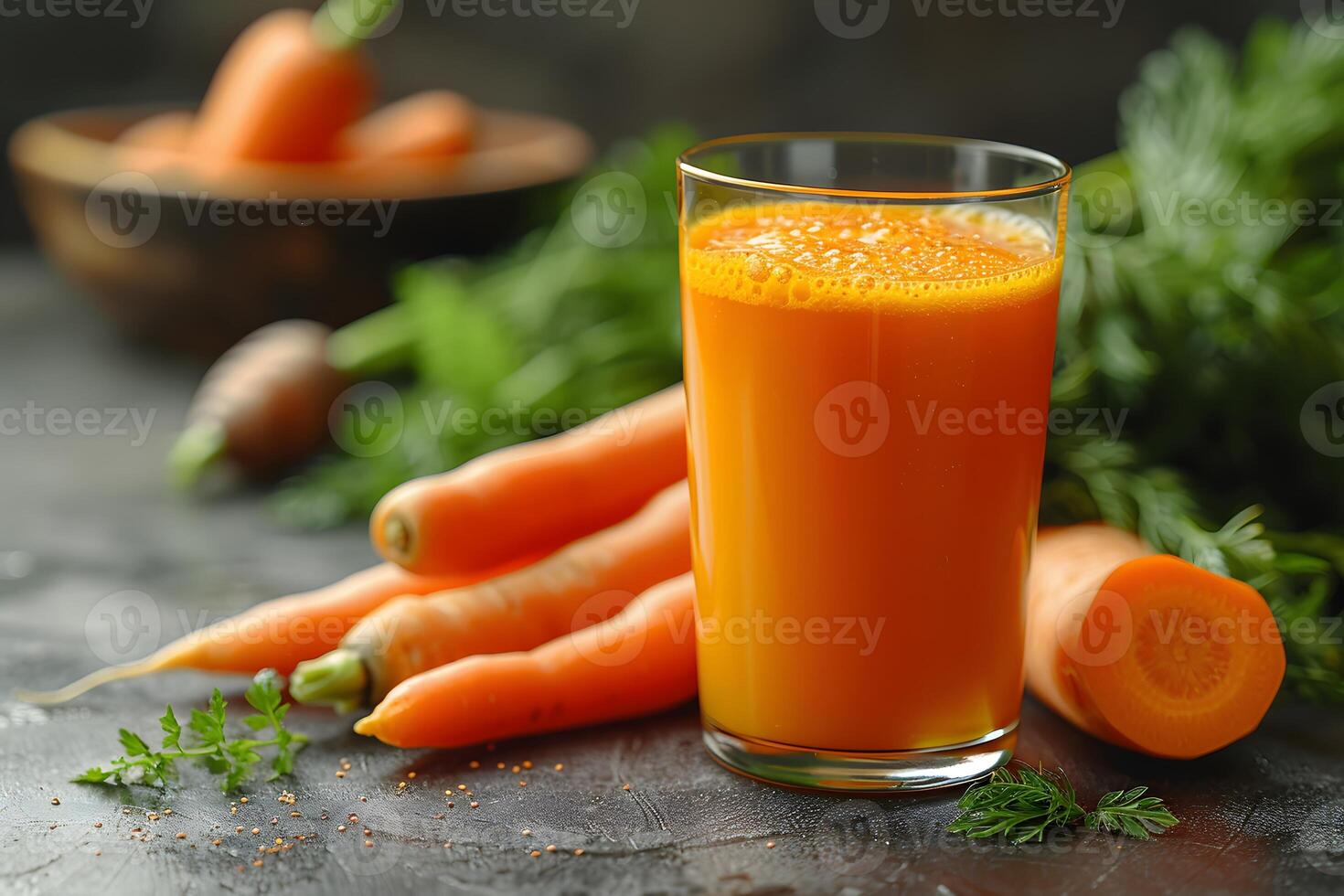 Freshly Squeezed Carrot Juice with Whole Carrots and Leaves on Rustic Table photo