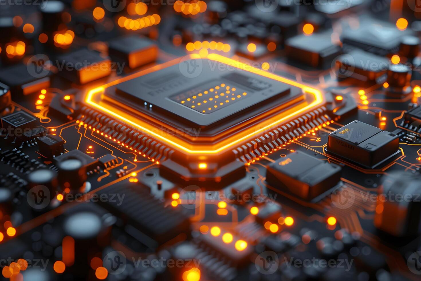 Futuristic Circuit Board with Glowing Microchip for Technology Design photo