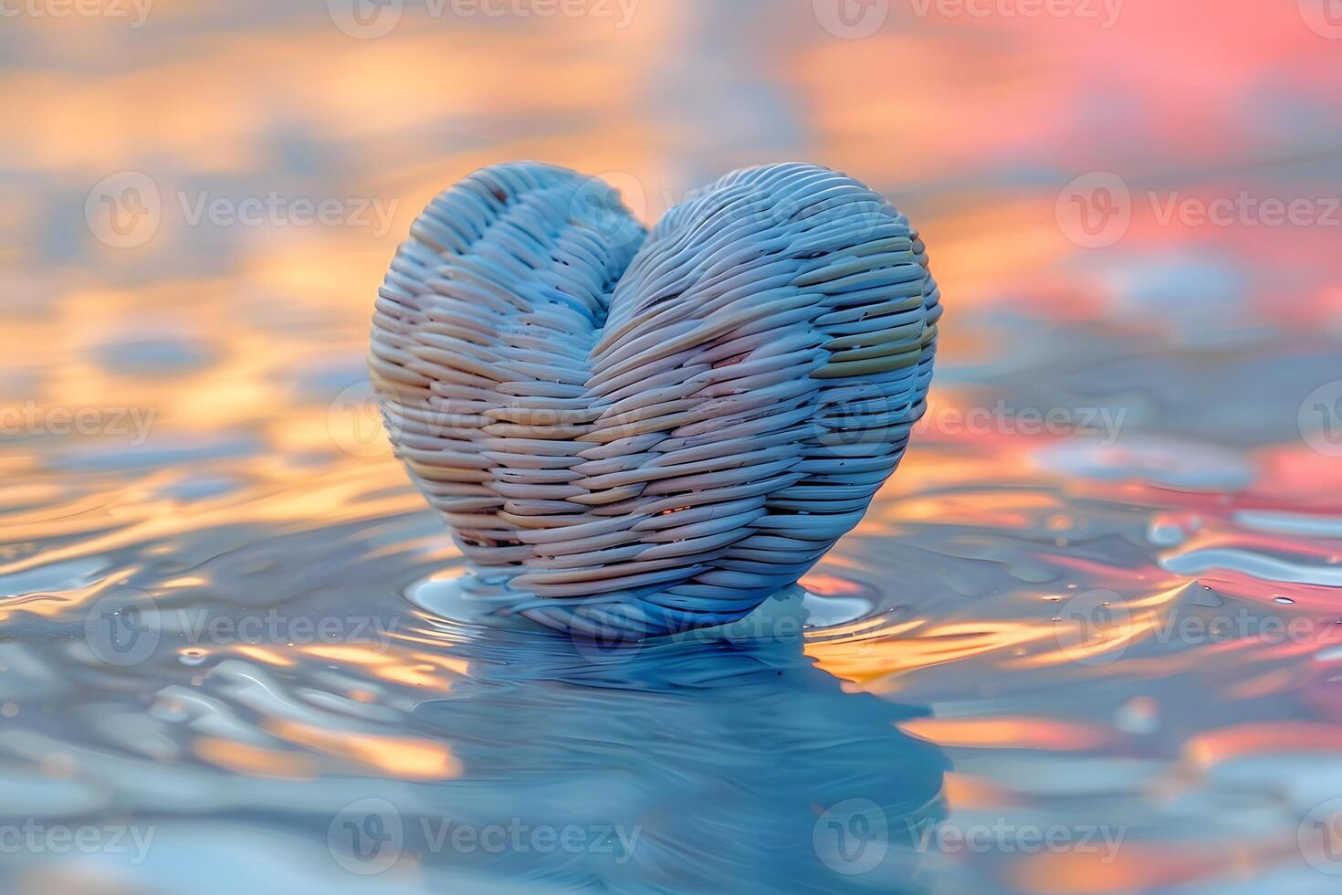 Heart-Shaped Ceramic Figure on Reflective Water Surface at Sunset photo