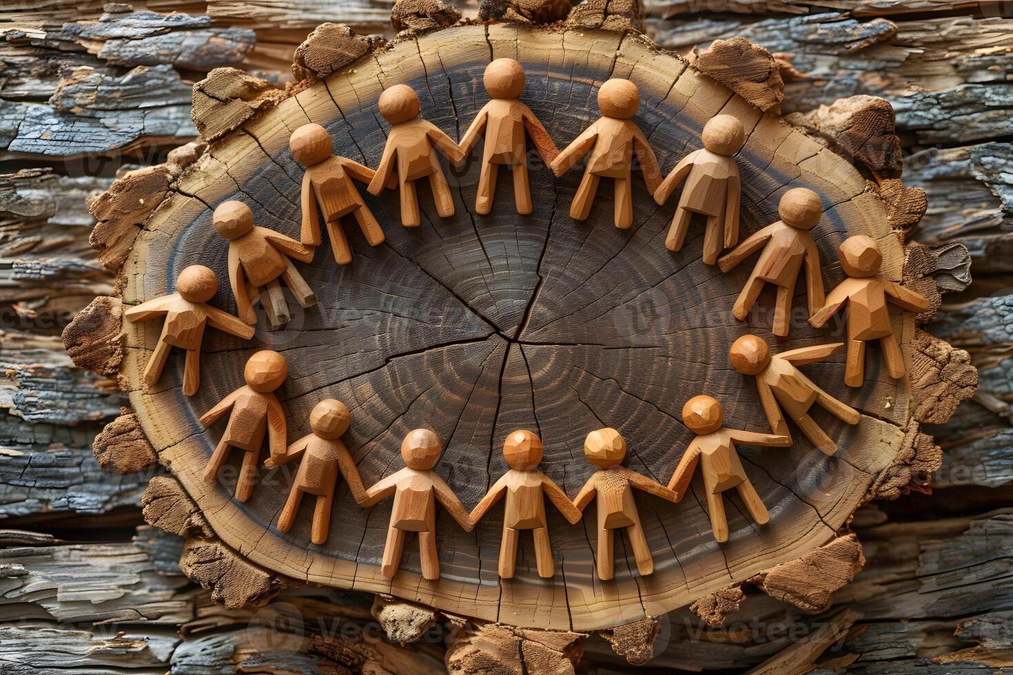 Unity and Community Wooden Figures Hand in Hand on Rustic Wood Background photo