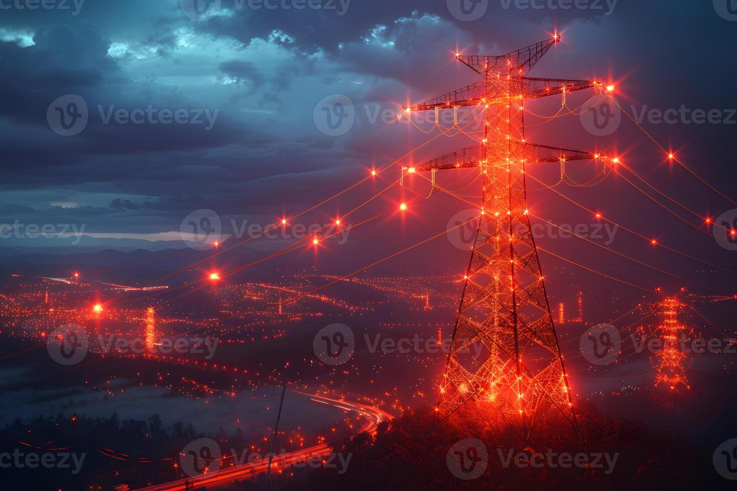 Glowing Transmission Towers at Dusk - Energy Infrastructure and Connectivity Concept photo